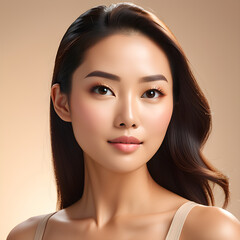 Attractive Asian woman front close up portrait smiling,  solid color background, use for advertisement for cosmetic products - obrazy, fototapety, plakaty