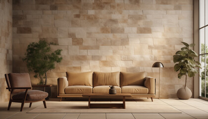 Chic Living Room with Leather Sofa and Textured Stone Wall. A minimal living room with natural...