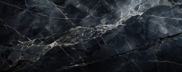 Poster Black marble texture background, abstract pattern of light lines in dark rock. Wide banner of stone structure with gray veins close-up. Concept of art, design, nature, surface © scaliger