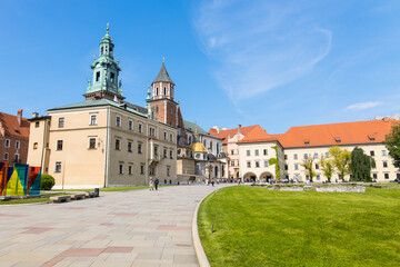 Tourists visiting the Wawel cathedral and castle in Krakow, Poland.