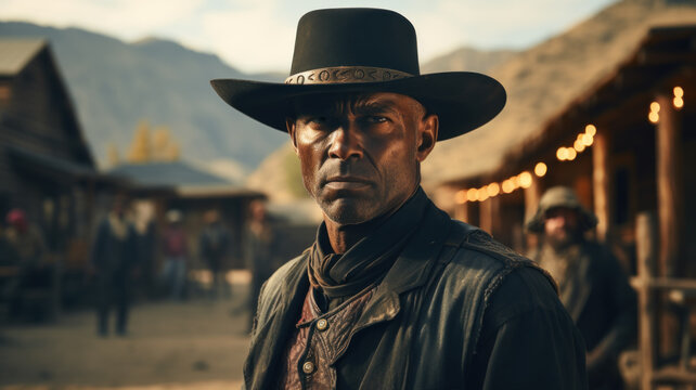 Portrait of African American cowboy or bandit like in western movie, face of tough black man wearing hat and vintage outfit in town. Concept of wild west, sheriff, outlaw, people - Powered by Adobe