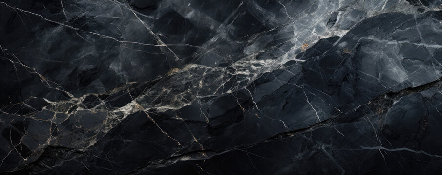 Black marble texture background, abstract pattern of light lines in dark rock. Wide banner of stone structure with gray veins close-up. Concept of art, design, nature, surface
