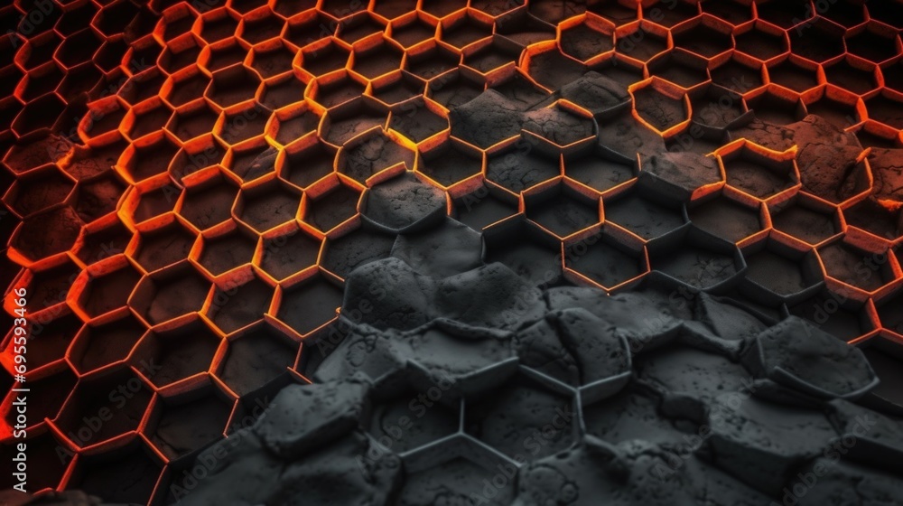 Aufkleber screensaver or background of gray hexagons with orange hot lava between them. ai generative.