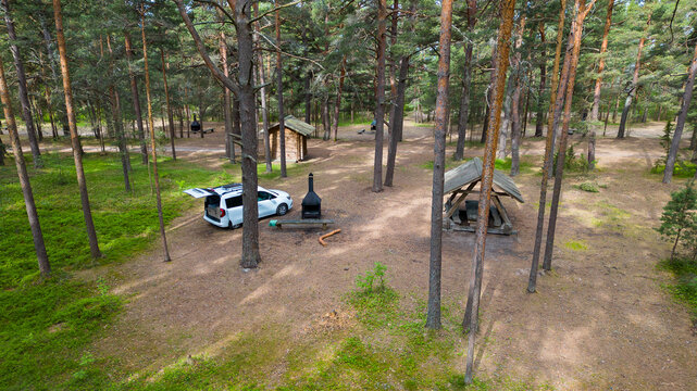 Solo camping on an empty RMK campsite in a forest in Estonia, Baltic States
