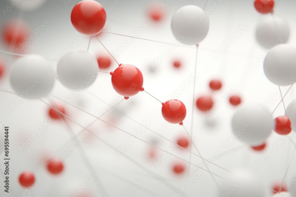 Poster a group of red and white balls floating in the air on a white surface with lines and dots in the mid