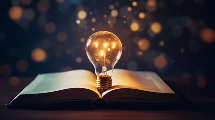 Foto op Plexiglas Light bulb glowing on book, idea of ​​inspiration from reading, innovation idea concept, Self learning or education knowledge and business studying concept. © Johannes