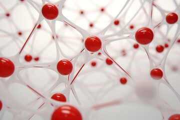  a close up of a bunch of red balls on a white surface with lines and dots in the shape of a network of red balls on a white surface with a white background.