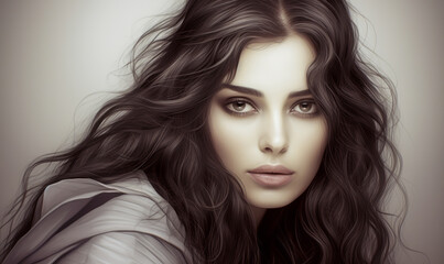 Fototapeta premium Monochromatic artwork of a young woman with deep red eyes and voluminous curly hair, wrapped in a sheer fabric, evoking a sense of mystery