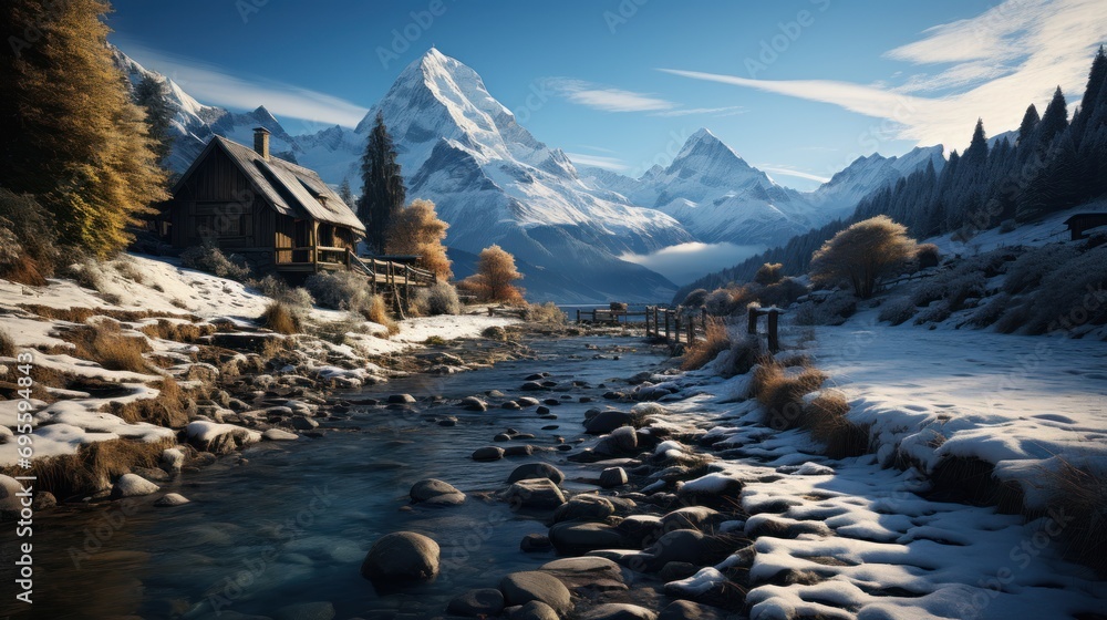 Poster a snowy mountain scene with a stream running through the foreground and a house on the other side of