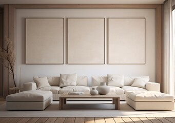 A Clean and Modern Living Room with White Couches and White Pillows Generative AI