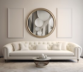 A Clean and Modern Living Room with White Furniture and a Mirror Generative AI