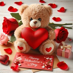 Teddy Bear Holding Heart Surrounded by Roses and Gifts, Valentine’s Day Love Concept  © Marco