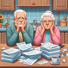 Stressed Elderly Couple Reviewing Bills at Kitchen Table, Financial Struggle and Debt Concept  © Marco