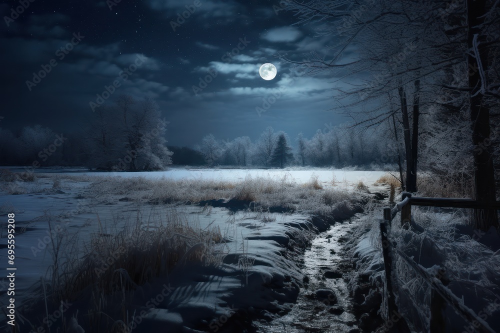 Poster a night scene of a snowy field with a path leading to a fence and a full moon in the sky over a fiel