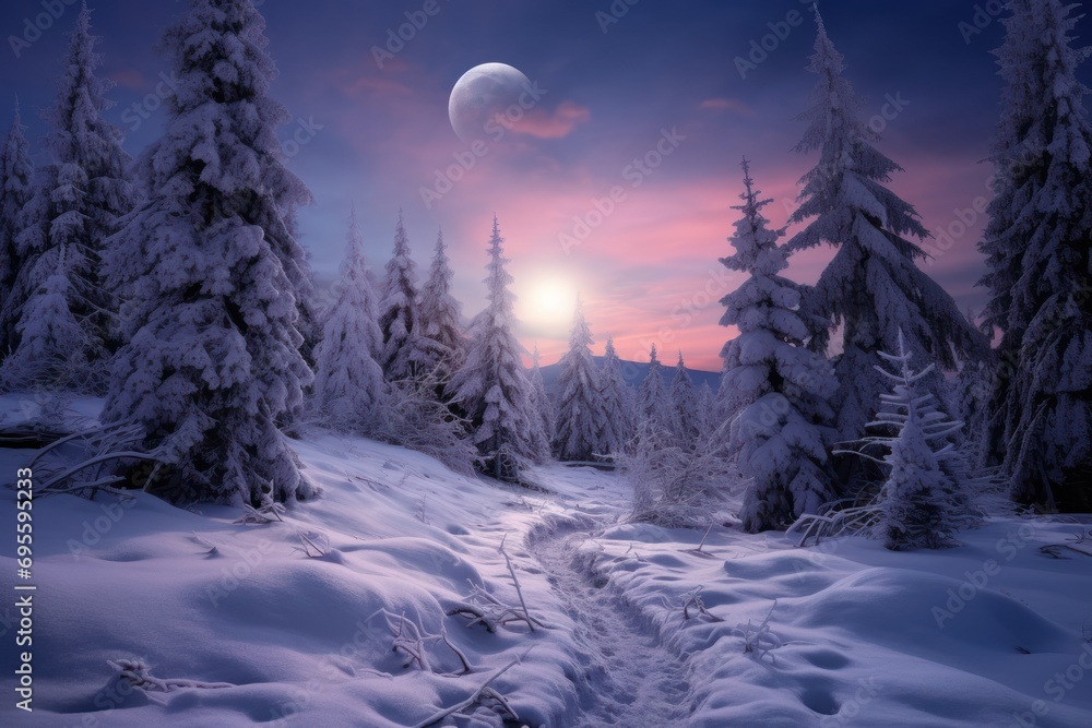 Poster the sun is setting in the sky over a snowy landscape with snow - covered trees and a path in the for