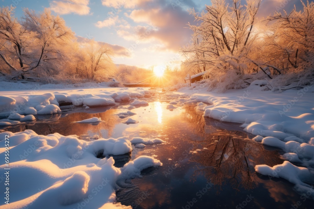 Poster a river running through a snow covered forest next to a forest with lots of trees and a sun setting 