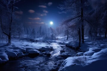  a stream running through a snow covered forest under a street light at night with a full moon in the sky over the trees and in the distance are snow covered ground. - Powered by Adobe