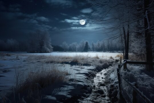  A Night Scene Of A Snowy Field With A Path Leading To A Fence And A Full Moon In The Sky Over A Field With Snow - Covered Grass And Trees.