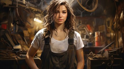 Professional female mechanic looks confidently at camera in repair shop.