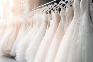 Various wedding dresses in the wedding salon, preparation for the wedding