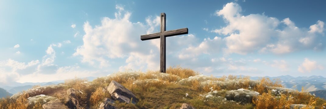 Wooden Christian cross on a hill, banner