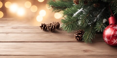 Rustic wooden Xmas themed background. AI generated illustration