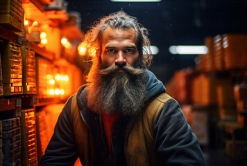 Fototapeta premium A bearded man with a goatee and mustache, wearing a brown vest and sitting in front of a lighted display. Generative AI