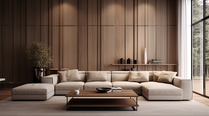 Modern Living Room with White Couches and Wooden Walls Generative AI