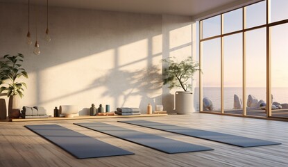 A serene yoga studio with a large window and a view of the ocean Generative AI - obrazy, fototapety, plakaty