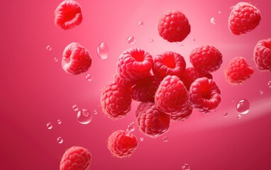 Lots of fresh raspberries fly on pink background