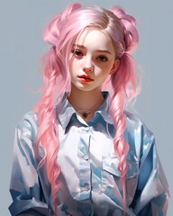 A girl with pink hair and a blue shirt Generative AI