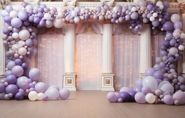 A grand entrance with a purple and white theme, featuring a large number of balloons and a chandelier. Generative AI