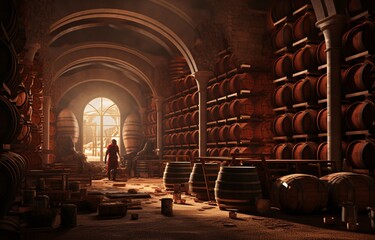 Fototapeta na wymiar A person walking through a wine cellar with barrels of wine Generative AI