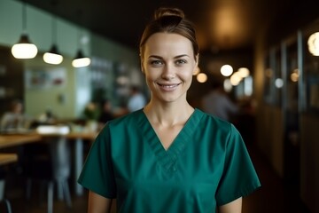 Woman doctor or nurse in green uniform