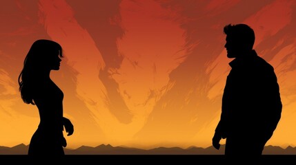 Silhouette of a angry woman and man on each other