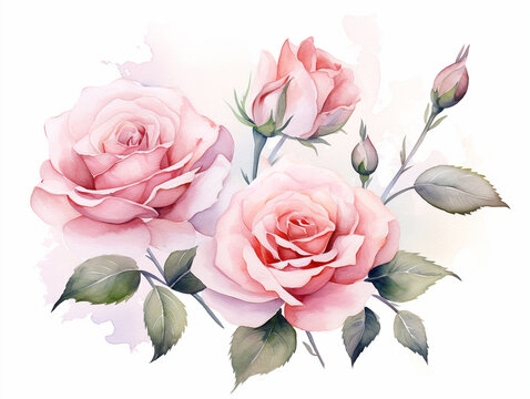 Watercolor illustration of roses bouquet on white