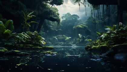 A serene forest scene with a lush green environment and a body of water Generative AI