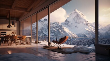 A cozy living room with a mountain view Generative AI