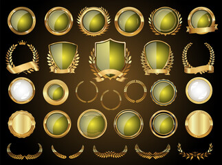 Golden shields laurel wreaths and badges vector collection  