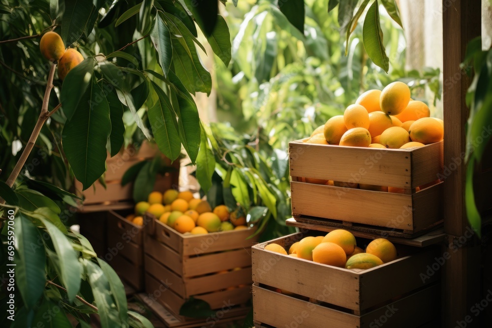 Poster  a group of crates filled with oranges sitting on top of a lush green leaf covered tree filled with lots of oranges on top of wooden crates next to a window sill.