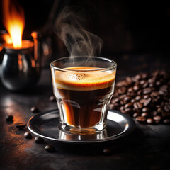 Coffee in a glass on a dark background. Freshly brewed coffee in a glass cup on a close-up table. Freshly brewed coffee in a glass cup on the table close-up. Roasted coffee beans.
