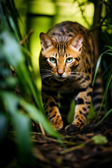 Naklejka premium photo of bengal cat stalking prey in the jungle created with Generative Ai