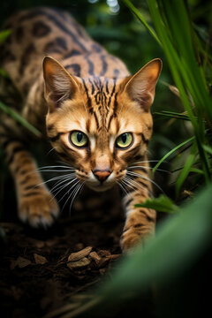 photo of bengal cat stalking prey in the jungle created with Generative Ai