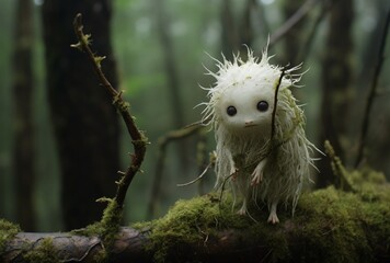 A tiny, fuzzy creature with big eyes and a long beard, sitting on a mossy branch in a forest. Generative AI