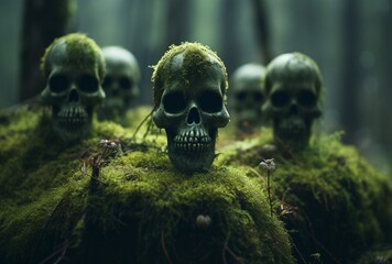 A collection of mossy skulls in a forest setting Generative AI