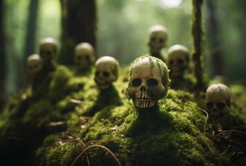 A collection of skeleton heads in a forest setting Generative AI