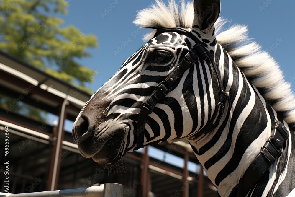 Aufkleber a close up of a zebra's head in front of a fenced in area with a tree in the back ground and a blue 