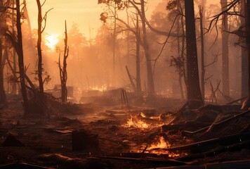 A forest fire at sunset Generative AI
