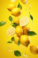 Lots of fresh lemons fly on yellow background