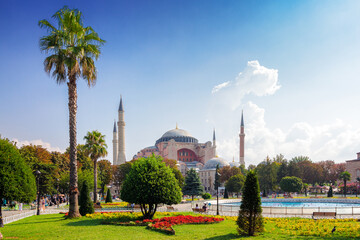 istanbul, turkiye - 15 AUG, 2018: sultan ahmet, hagia sophia square on a sunny day. iconic mosque...